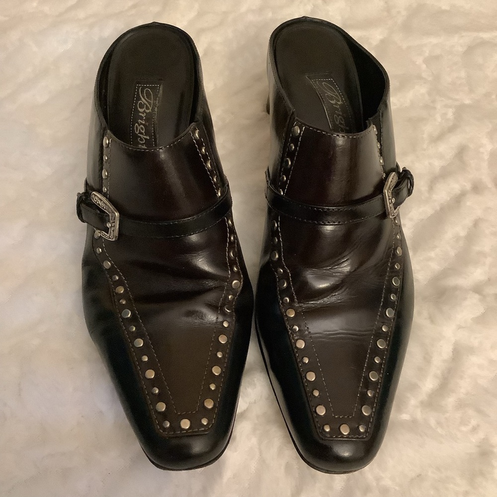 Brighton Tempe Black Leather Mules Shoes Heels Studded Womens 6.5M -F